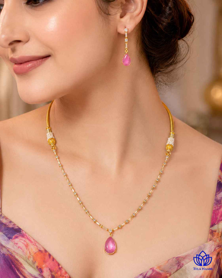 Y-Shape Ahana Pink Stone Necklace Set