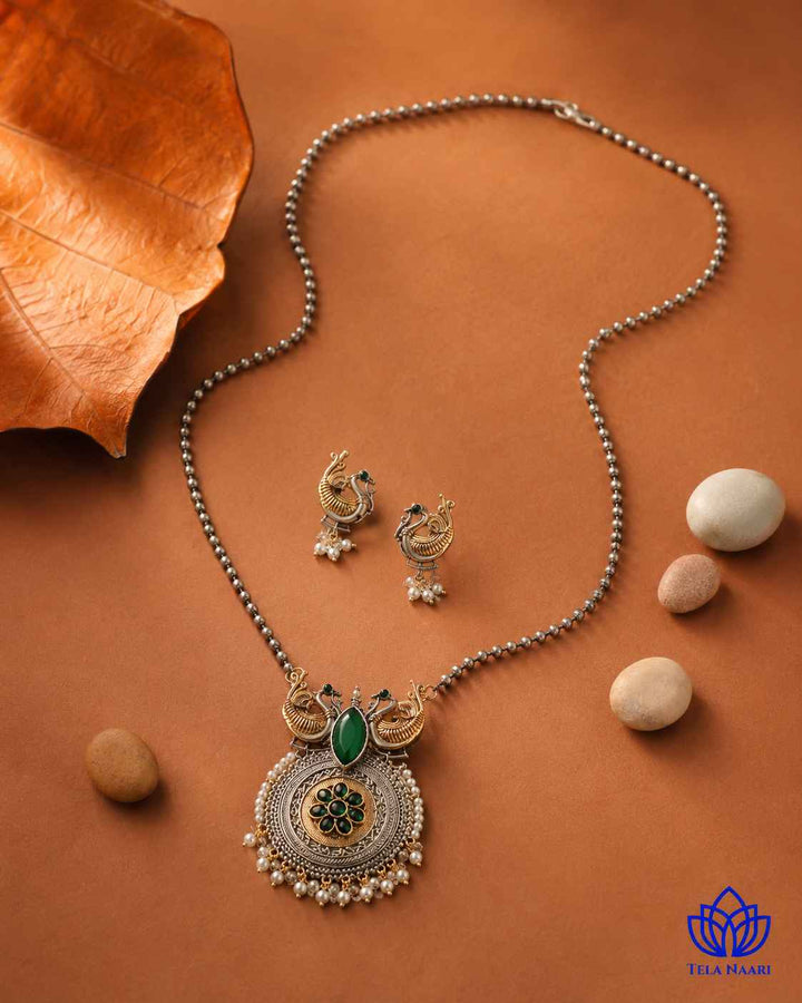 Dual Tone Bird Motif Green Stone Necklace Set
