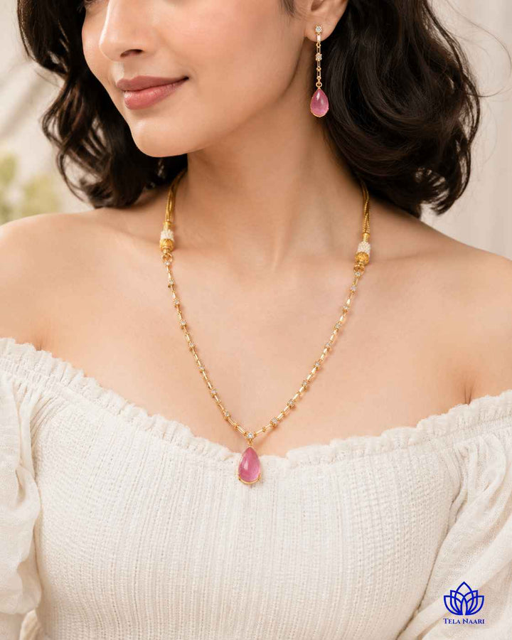 Y-Shape Ahana Pink Stone Necklace Set