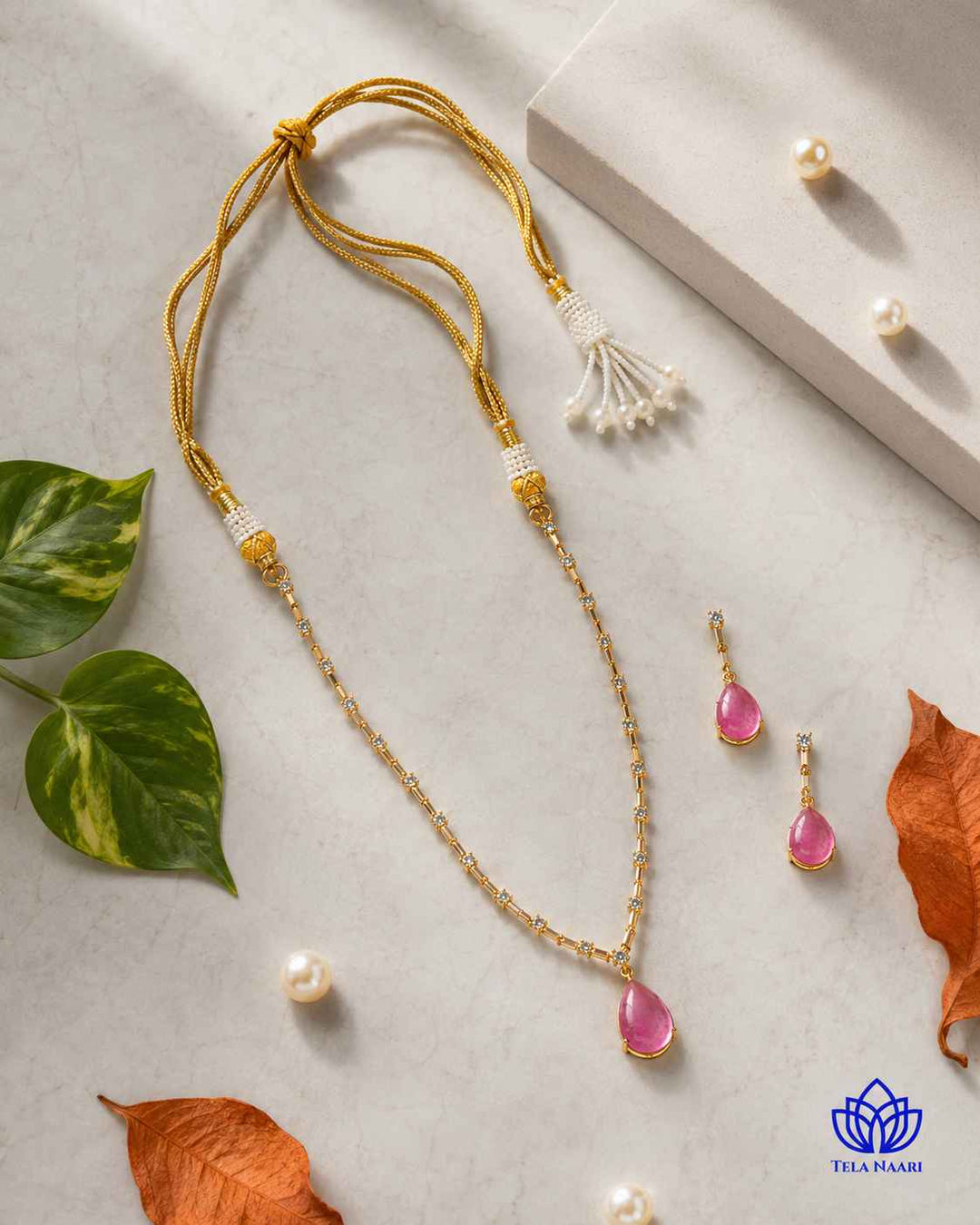 Y-Shape Ahana Pink Stone Necklace Set