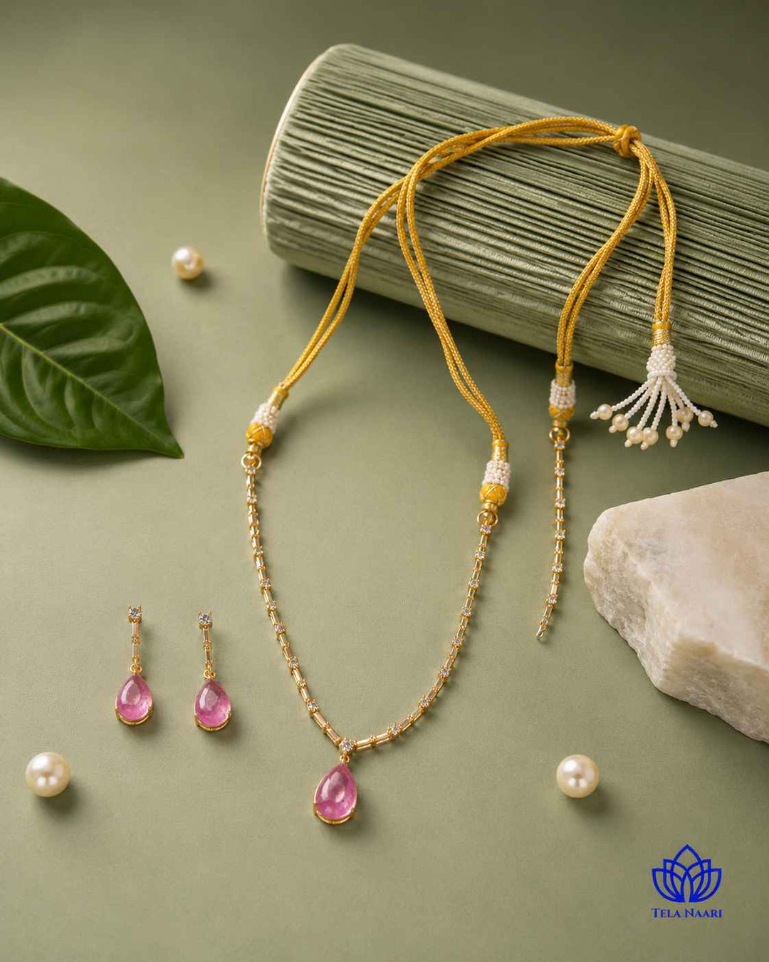 Y-Shape Ahana Pink Stone Necklace Set