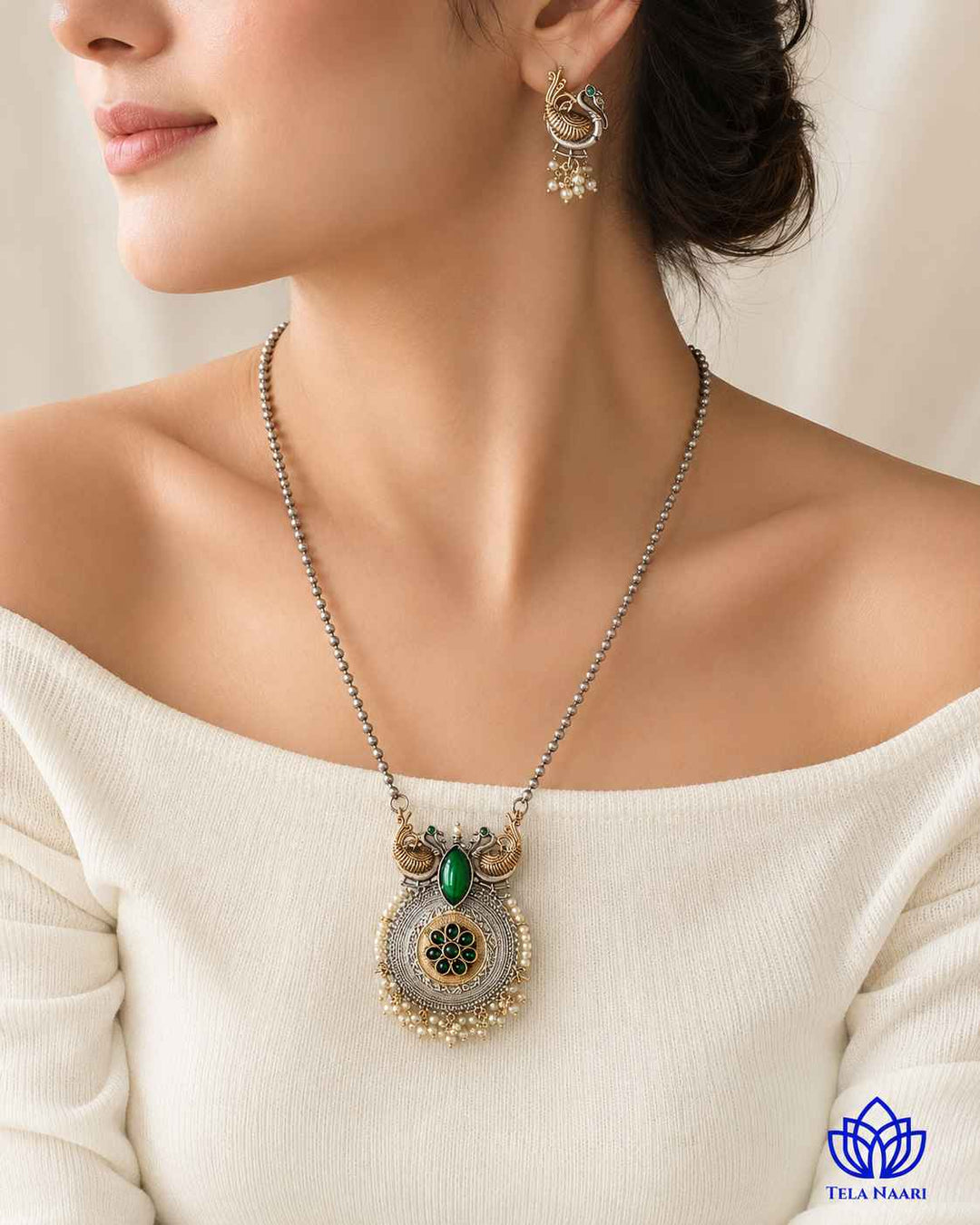 Dual Tone Bird Motif Green Stone Necklace Set