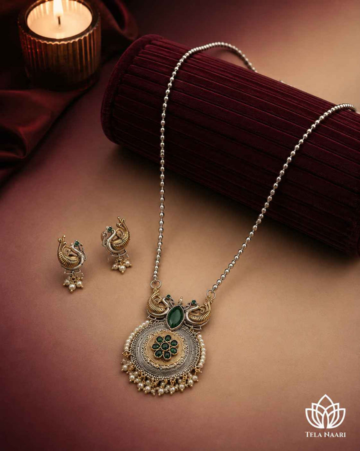 Dual Tone Bird Motif Green Stone Necklace Set