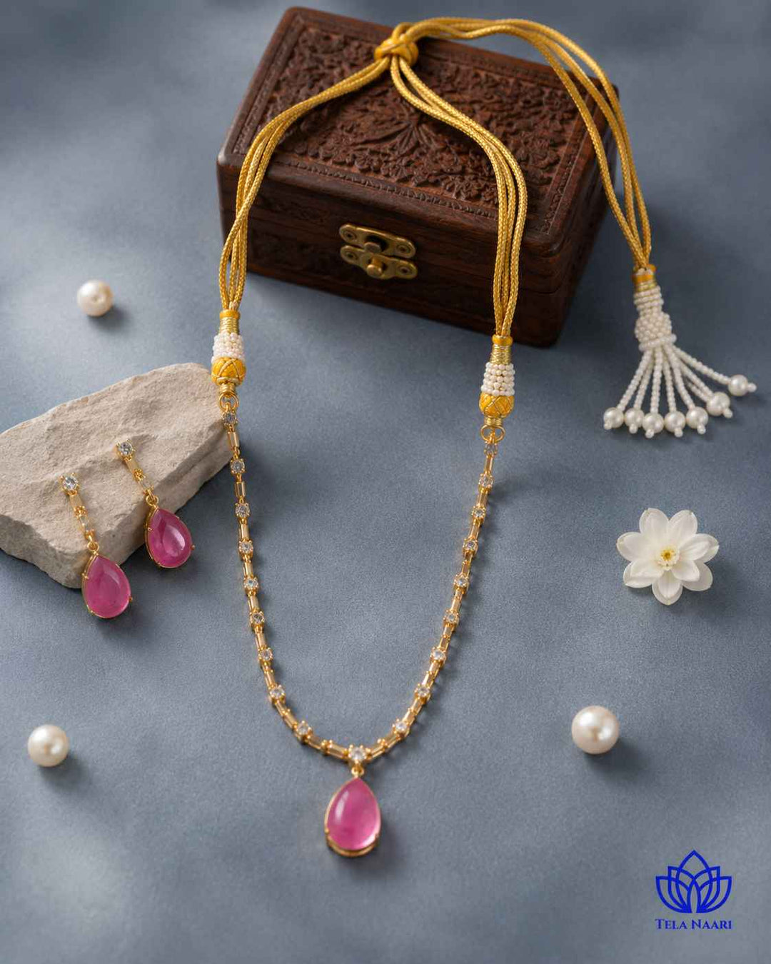 Y-Shape Ahana Pink Stone Necklace Set