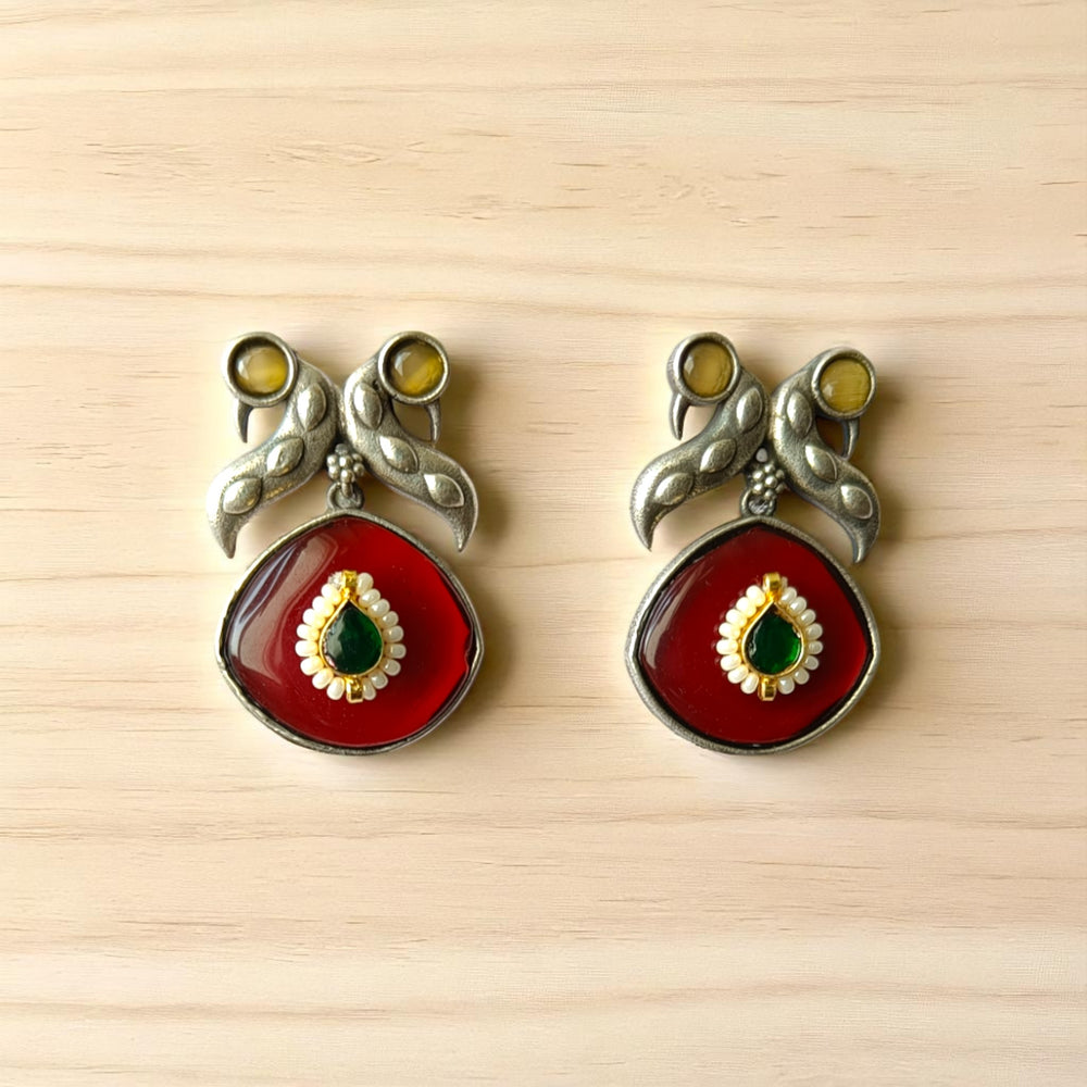 Tela Naari Red Dome Silver-Plated Necklace Set - TelaNaari