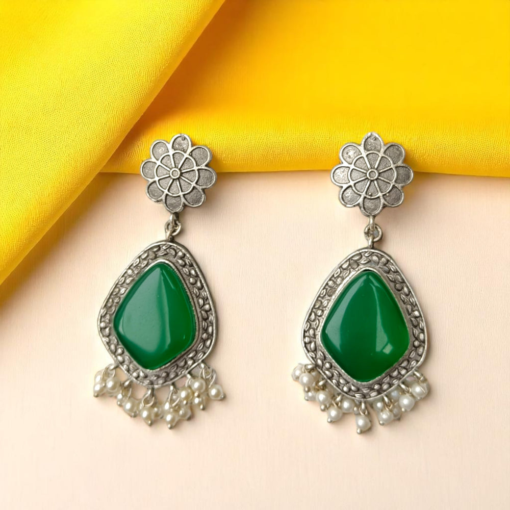Tela Naari Silver Oxidised Emerald Bloom Drops - TelaNaari