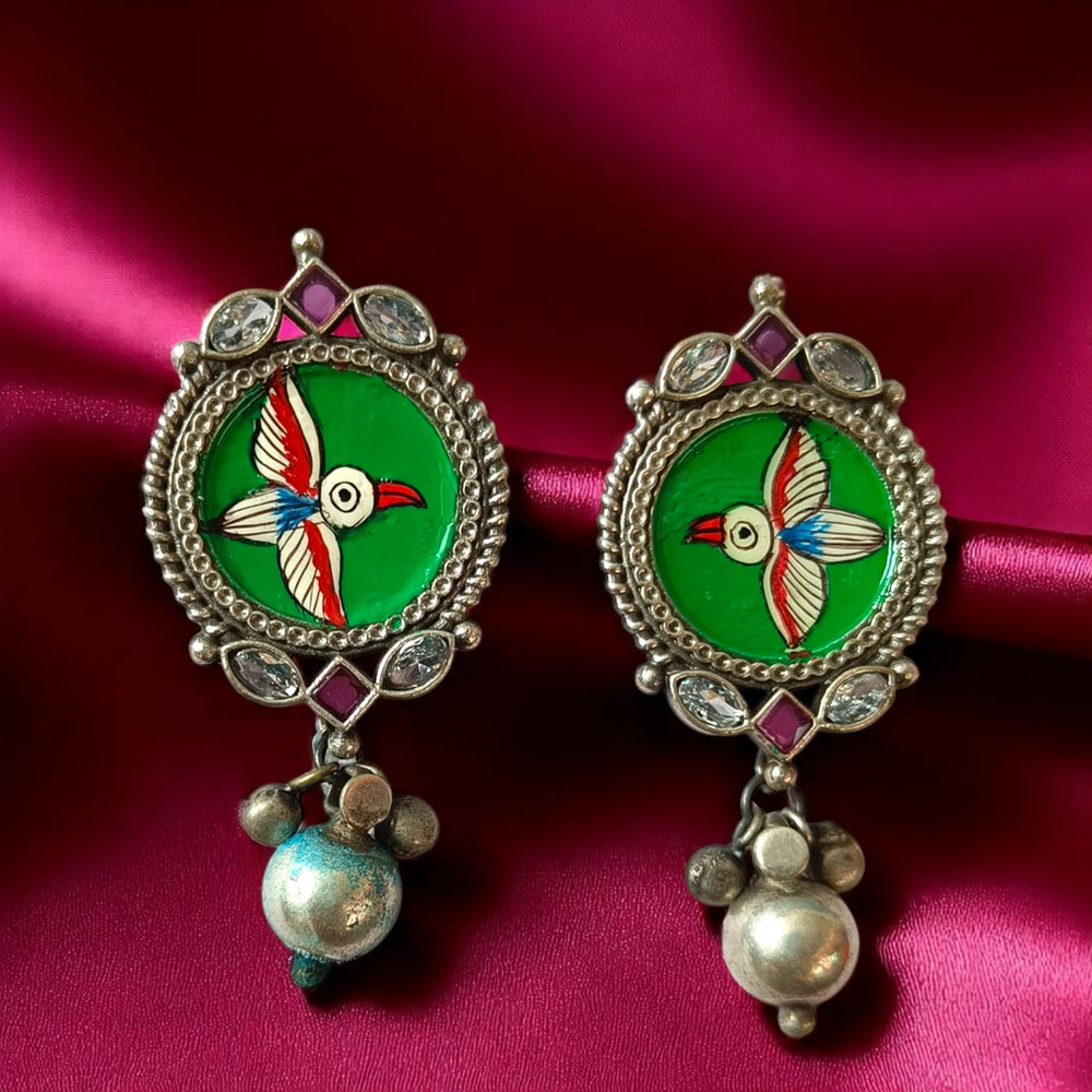 Tela Naari Dhanvi Silver Oxidised Handpainted Drops Earrings - TelaNaari