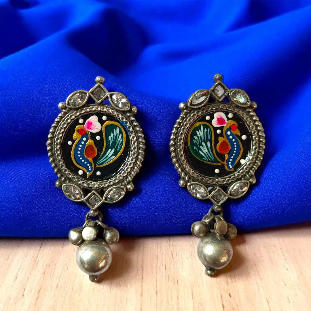 Tela Naari Dayita Silver Oxidised Bird Art Earrings - TelaNaari