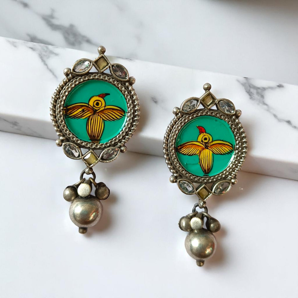 Tela Naari Dhvija Silver Oxidised Winged Bird Drop Earrings - TelaNaari
