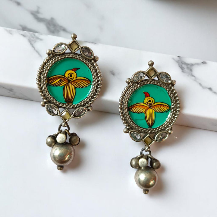 Tela Naari Dhvija Silver Oxidised Winged Bird Drop Earrings - TelaNaari