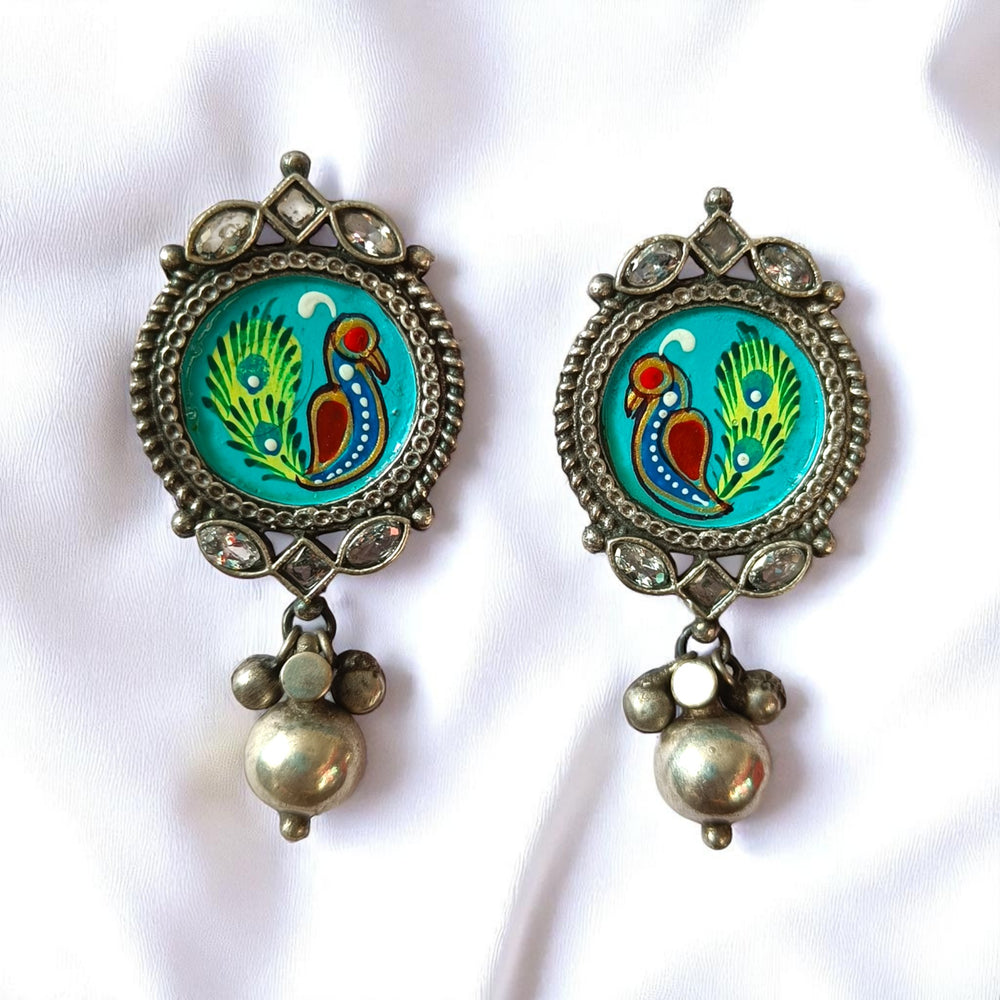 Tela Naari Dayita Silver Oxidised Bird Art Earrings - TelaNaari