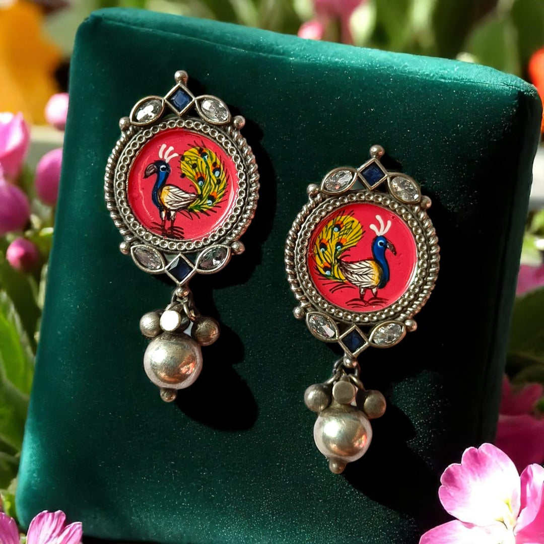 Tela Naari Dhvija Silver Oxidised Winged Bird Drop Earrings - TelaNaari