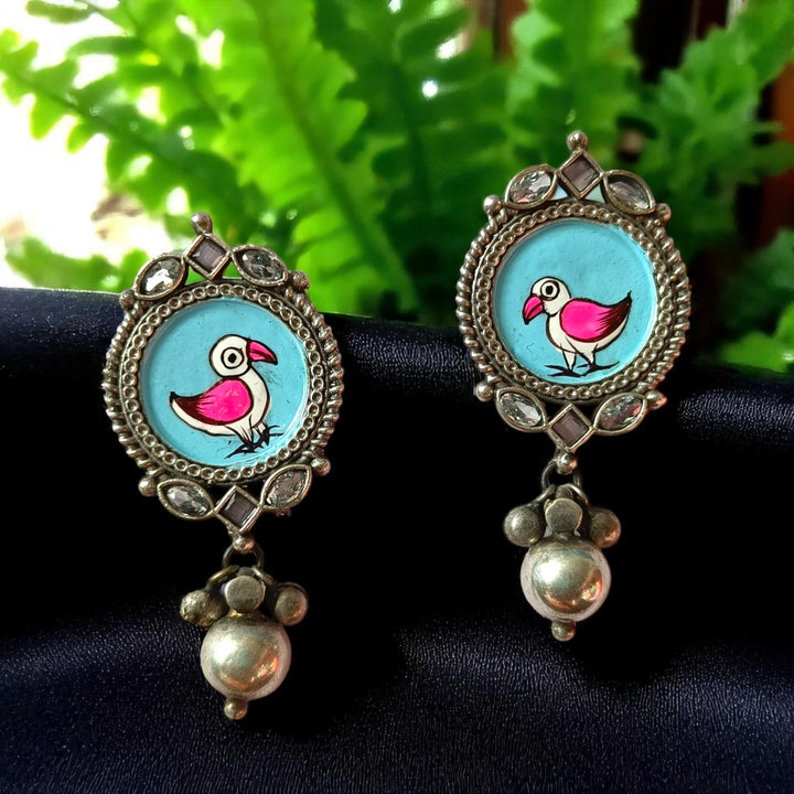 Tela Naari Dhvija Silver Oxidised Winged Bird Drop Earrings - TelaNaari