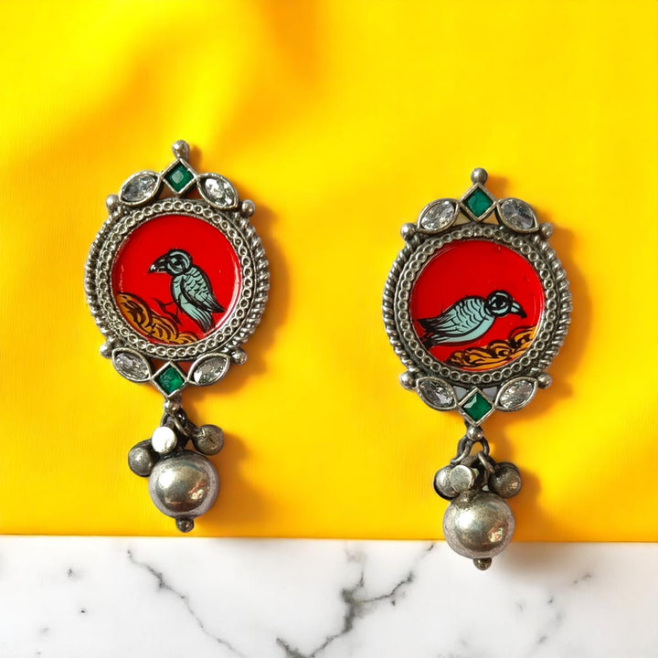 Tela Naari Dayita Silver Oxidised Bird Art Earrings - TelaNaari