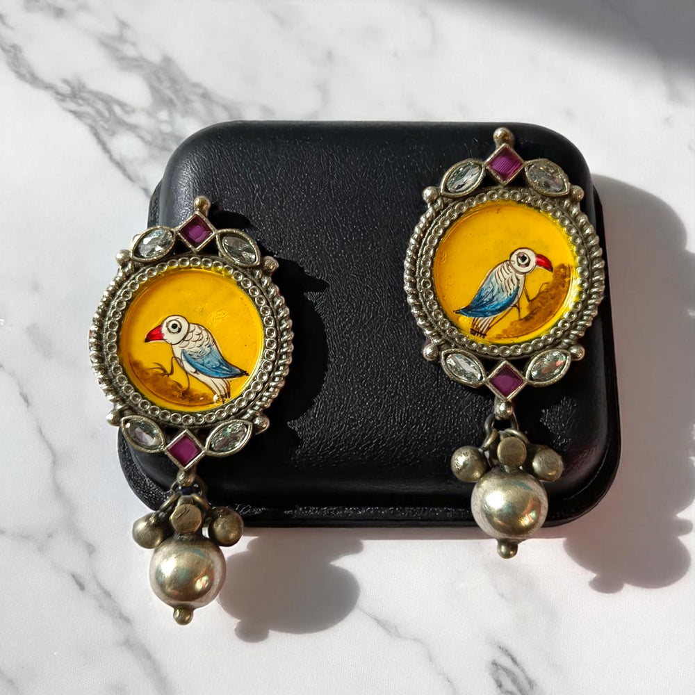 Tela Naari Dayita Silver Oxidised Bird Art Earrings - TelaNaari
