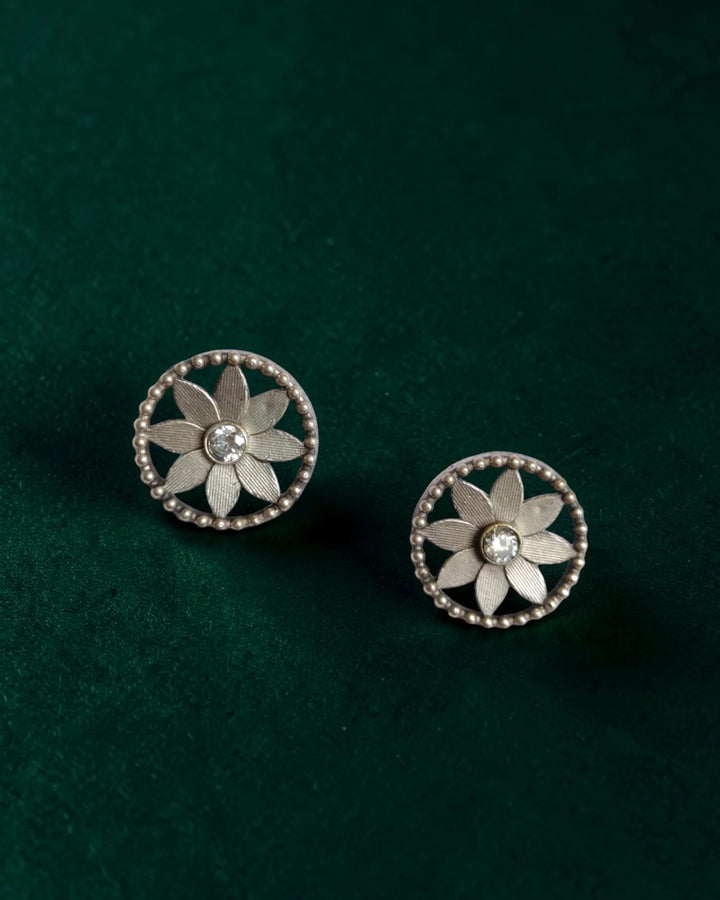 Vintage Brushed Adah Silver-Plated Floral Stud Earrings