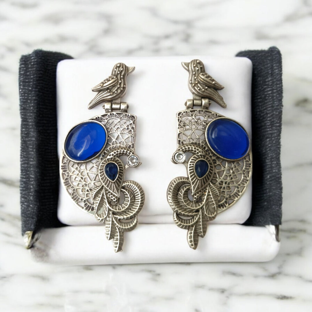 Tela Naari Adira Bird & Stone Silver Oxidised Earrings - TelaNaari