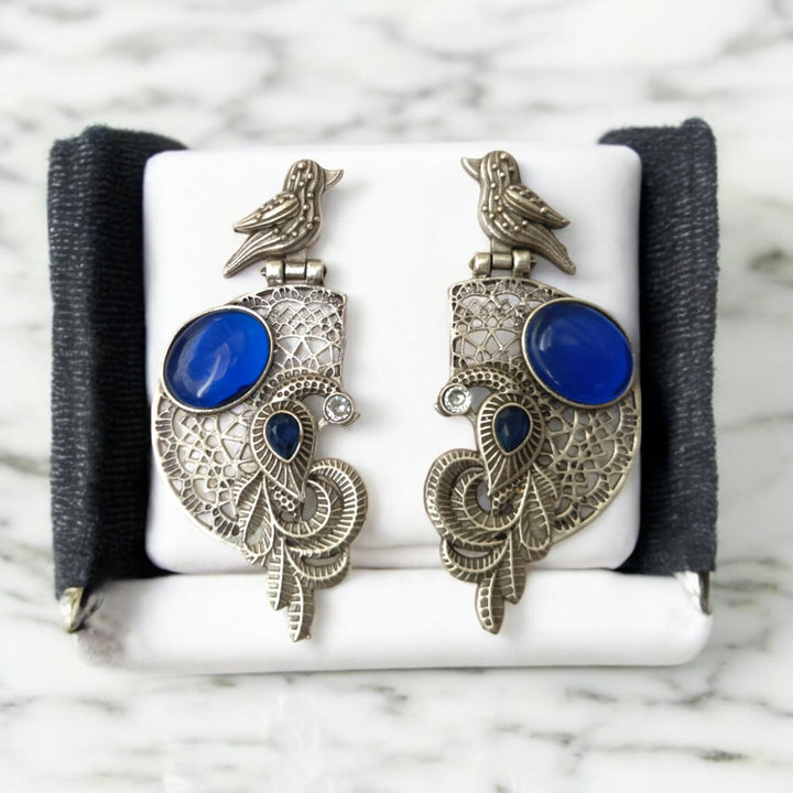 Tela Naari Adira Bird & Stone Silver Oxidised Earrings - TelaNaari