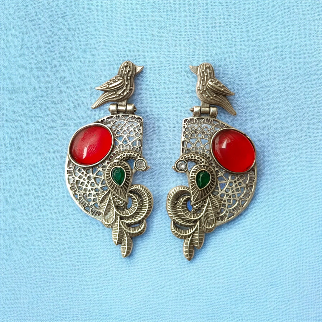 Tela Naari Adira Bird & Stone Silver Oxidised Earrings - TelaNaari