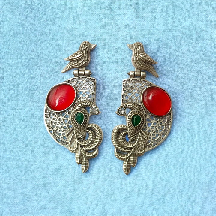 Tela Naari Adira Bird & Stone Silver Oxidised Earrings - TelaNaari