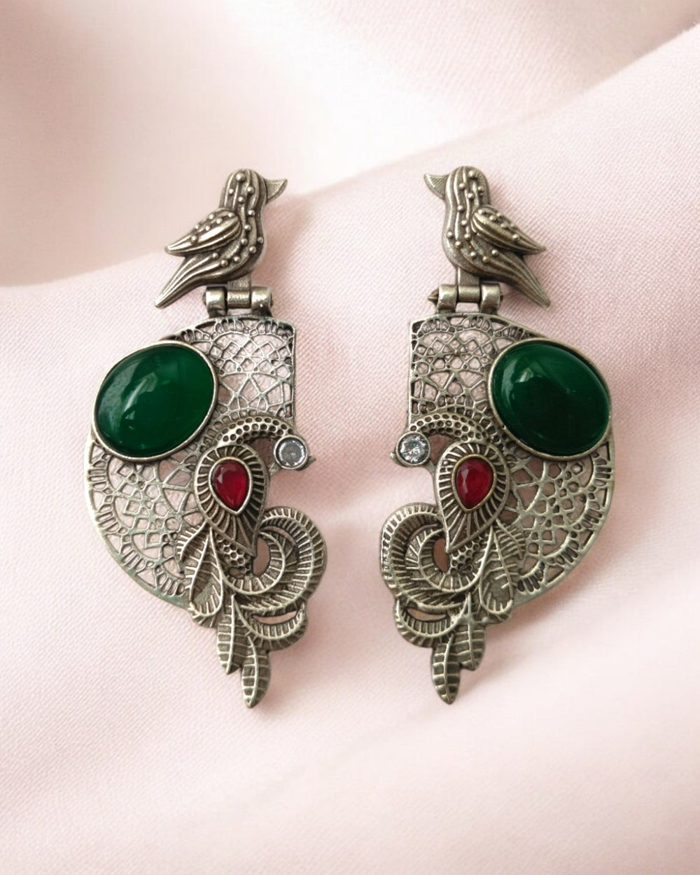 Tela Naari Adira Bird & Stone Silver Oxidised Earrings - TelaNaari
