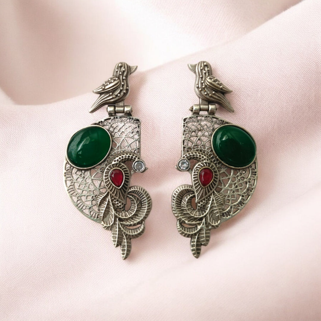 Tela Naari Adira Bird & Stone Silver Oxidised Earrings - TelaNaari