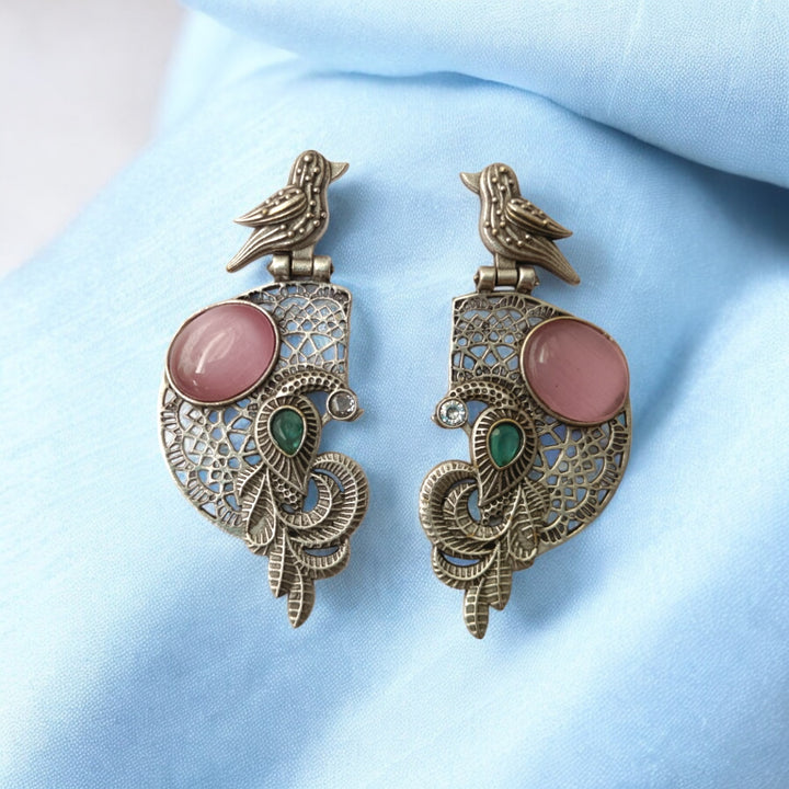 Tela Naari Adira Bird & Stone Silver Oxidised Earrings - TelaNaari