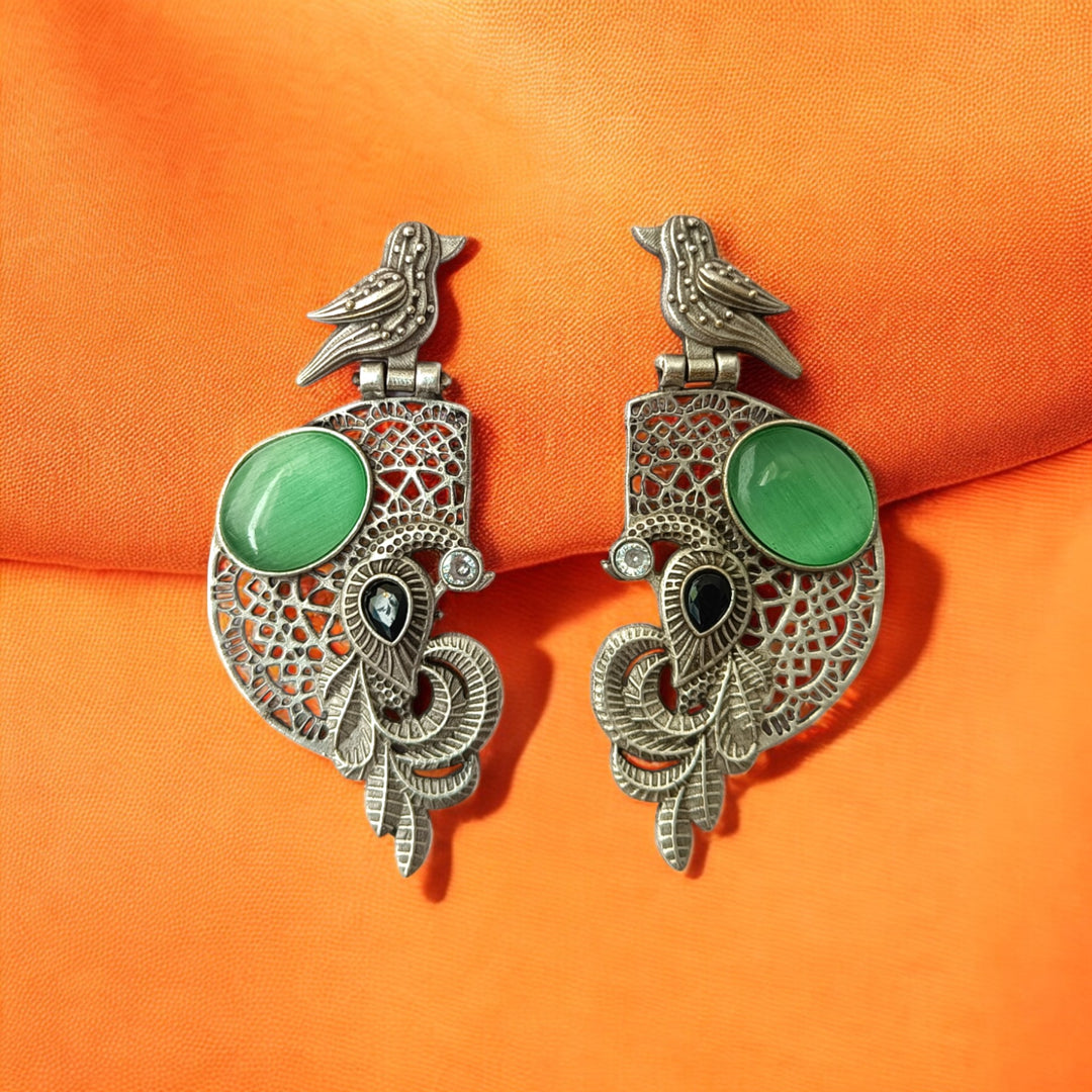 Tela Naari Adira Bird & Stone Silver Oxidised Earrings - TelaNaari