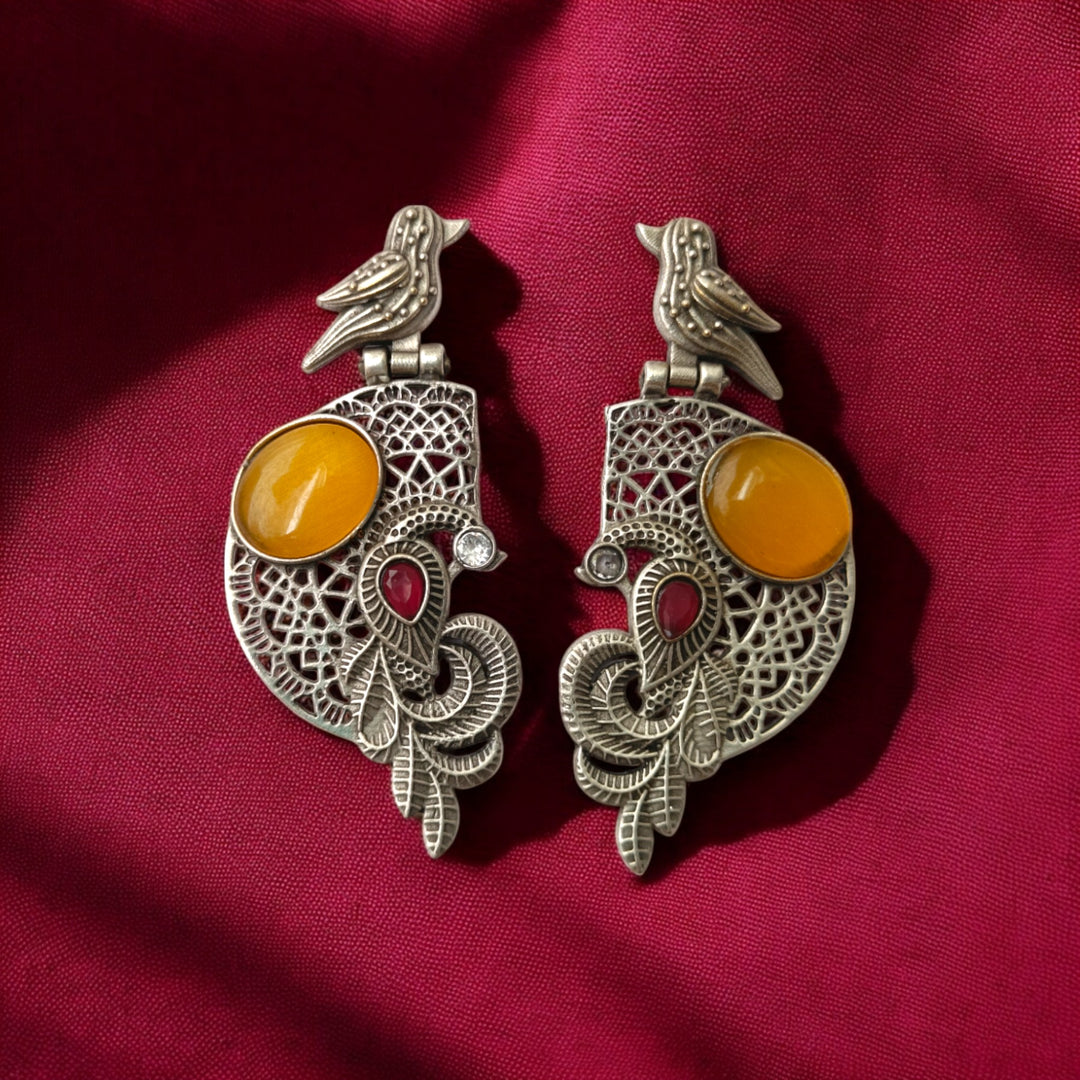Tela Naari Adira Bird & Stone Silver Oxidised Earrings - TelaNaari