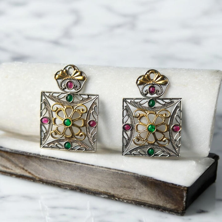 Tela Naari Anaya Dual Tone Square Earrings - TelaNaari