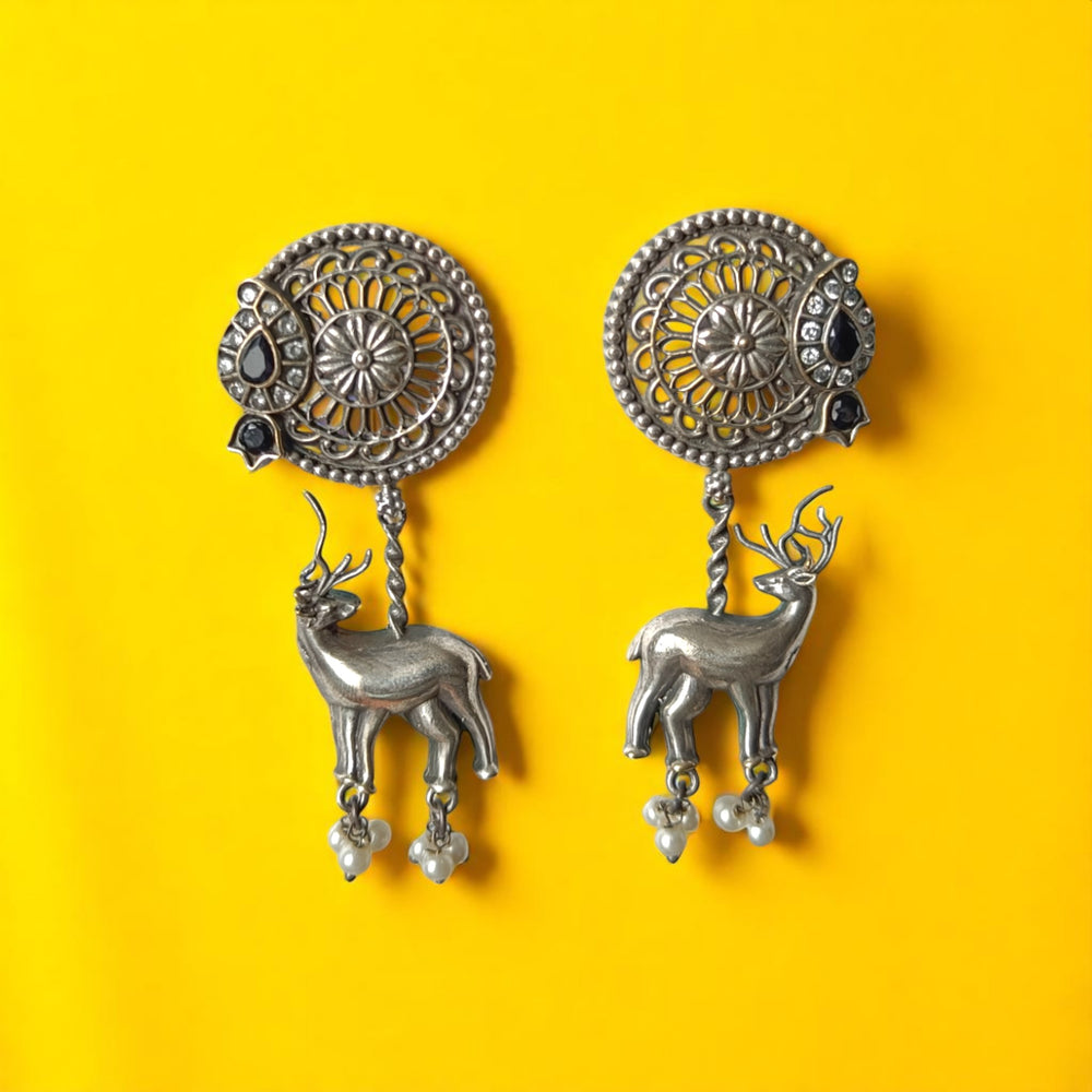 Tela Naari Binita Silver Oxidised Deer Charm Earrings - TelaNaari