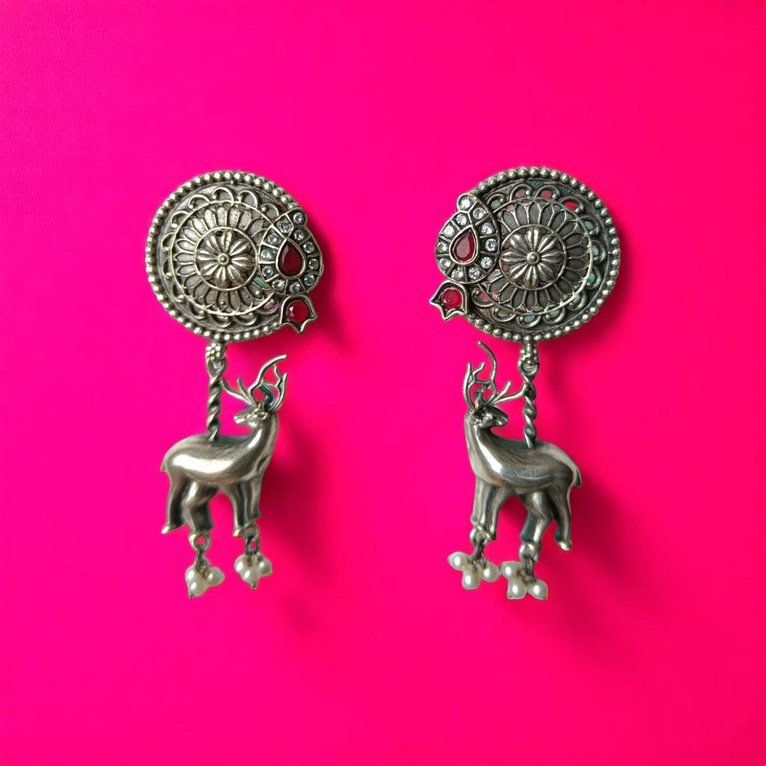 Tela Naari Binita Silver Oxidised Deer Charm Earrings - TelaNaari