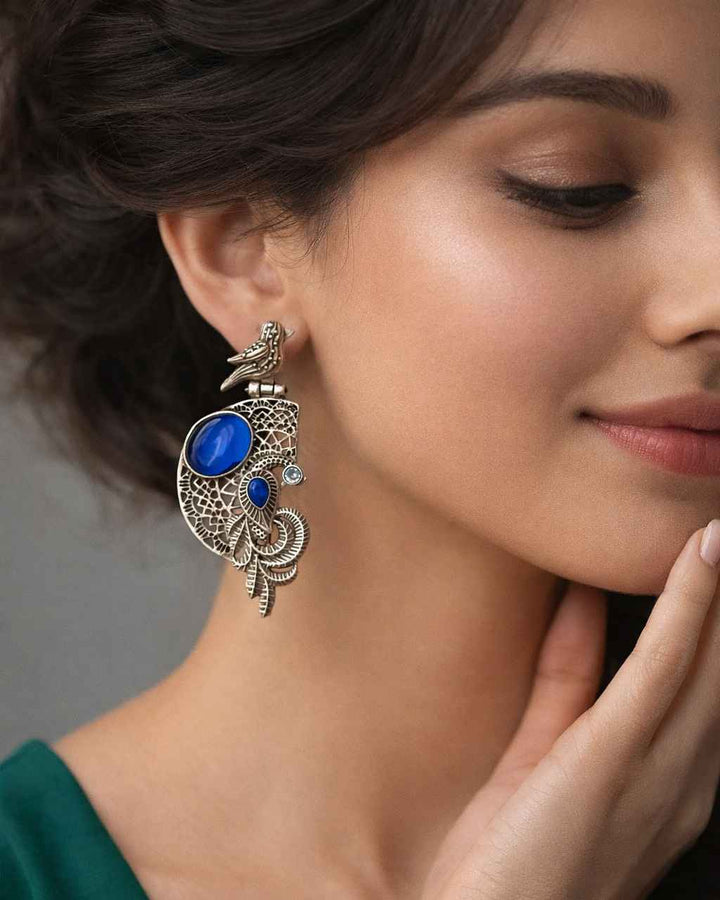 Adira Bird & Stone Silver Oxidised Earrings