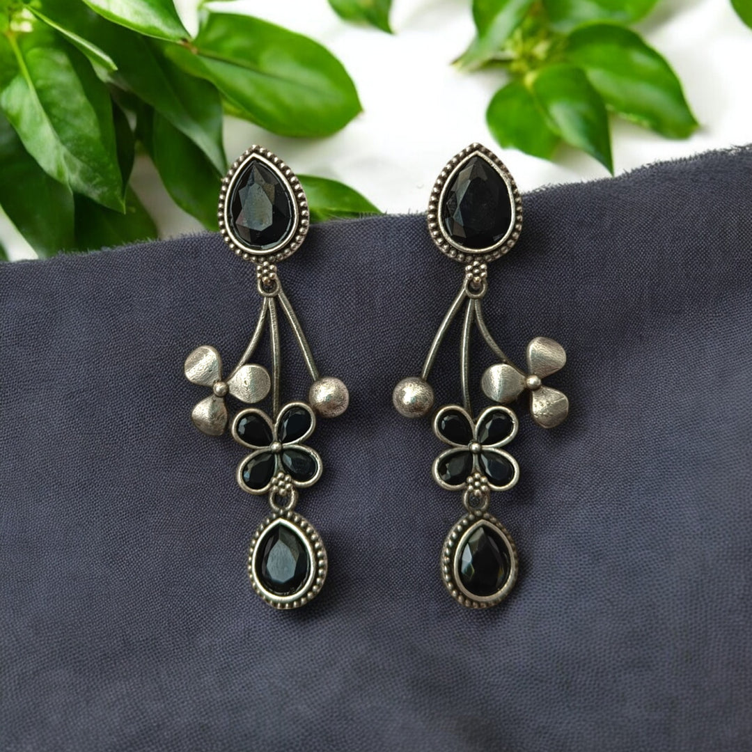 Tela Naari Ena Silver Oxidised Floral Drop Earrings - TelaNaari