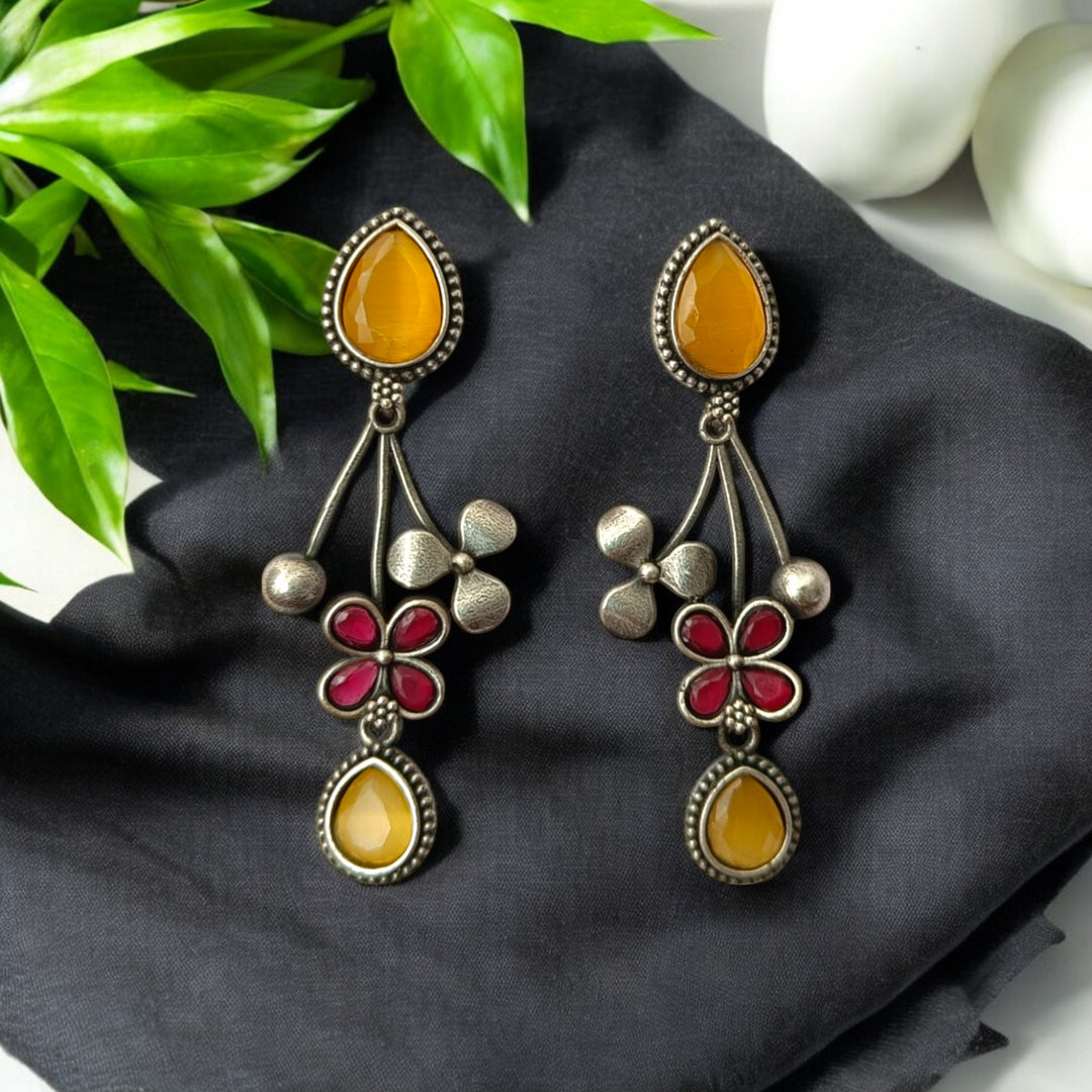 Tela Naari Ena Silver Oxidised Floral Drop Earrings - TelaNaari