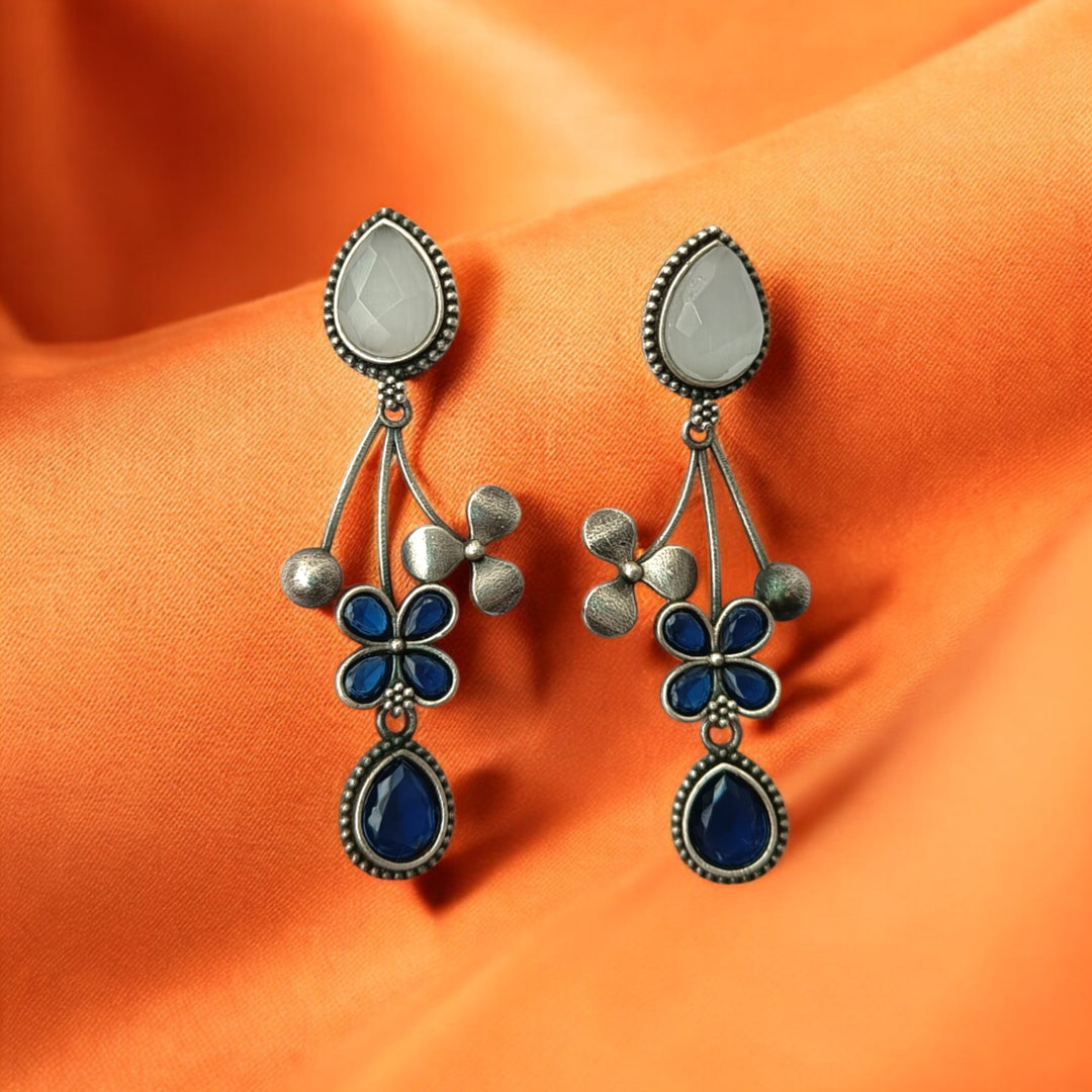 Tela Naari Ena Silver Oxidised Floral Drop Earrings - TelaNaari