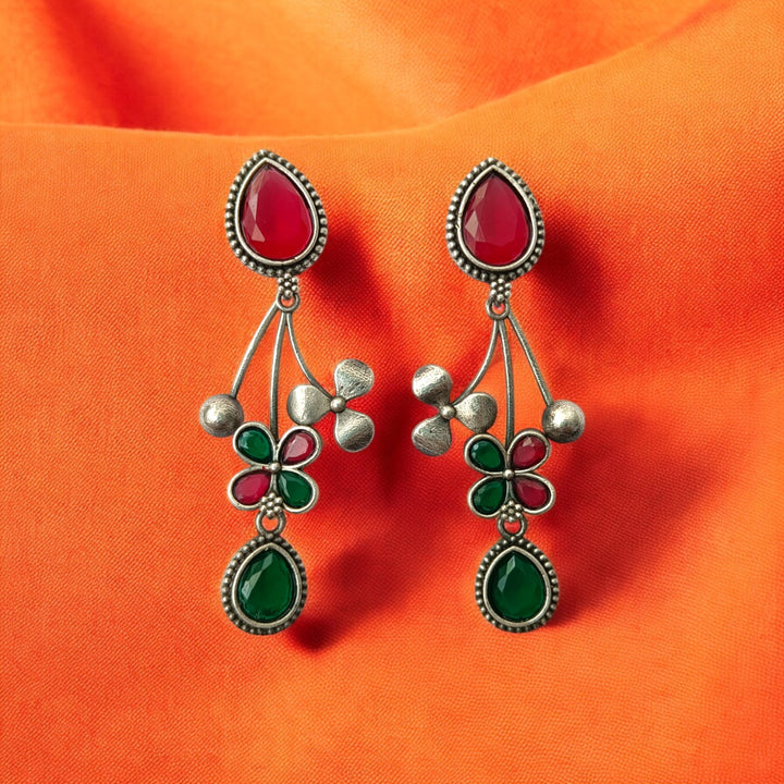 Tela Naari Ena Silver Oxidised Floral Drop Earrings - TelaNaari