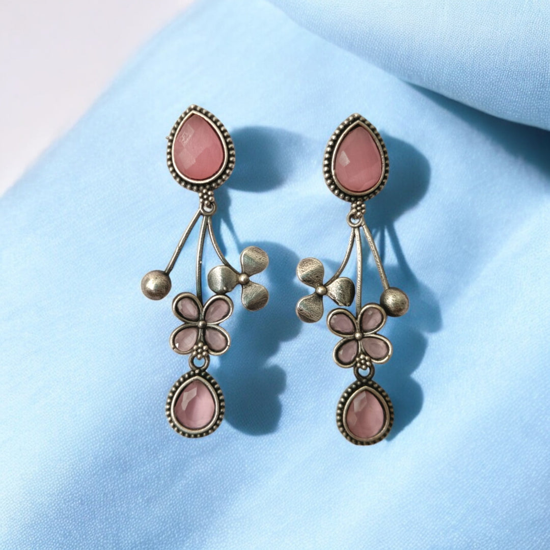 Tela Naari Ena Silver Oxidised Floral Drop Earrings - TelaNaari