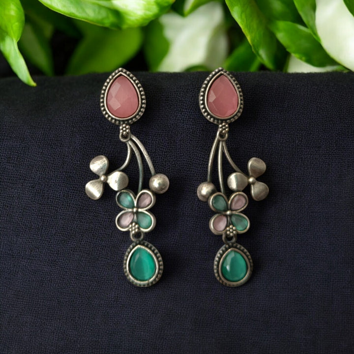 Tela Naari Ena Silver Oxidised Floral Drop Earrings - TelaNaari