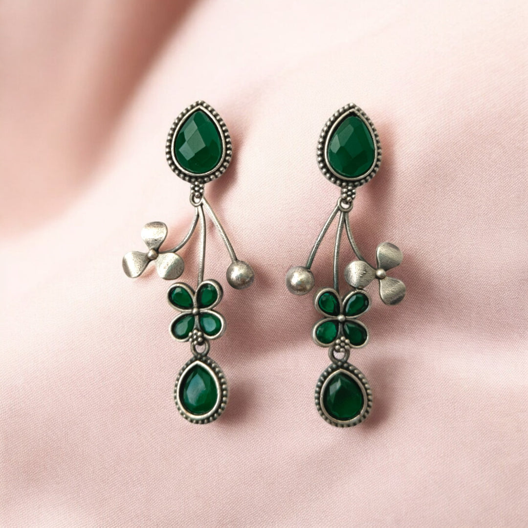 Tela Naari Ena Silver Oxidised Floral Drop Earrings - TelaNaari