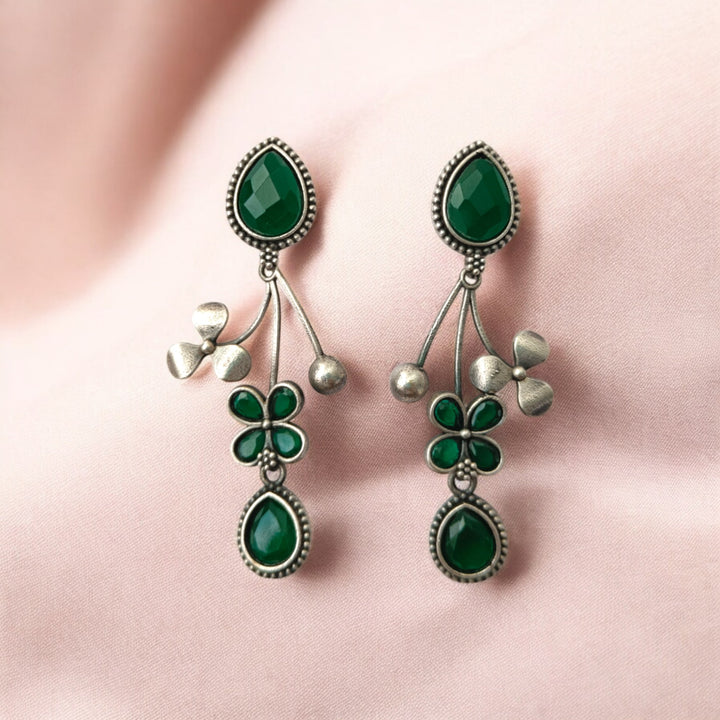 Tela Naari Ena Silver Oxidised Floral Drop Earrings - TelaNaari