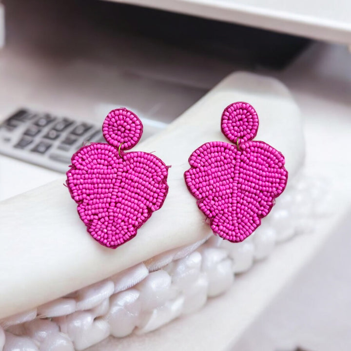 Tela Naari Fuchsia Leaf Beaded Earrings – Handmade Statement Jewellery - TelaNaari