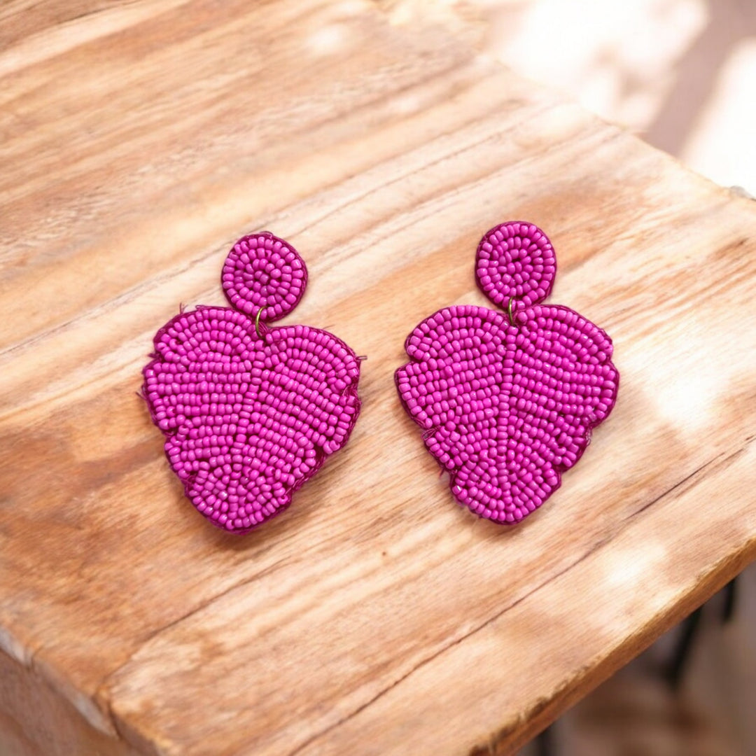 Tela Naari Fuchsia Leaf Beaded Earrings – Handmade Statement Jewellery - TelaNaari