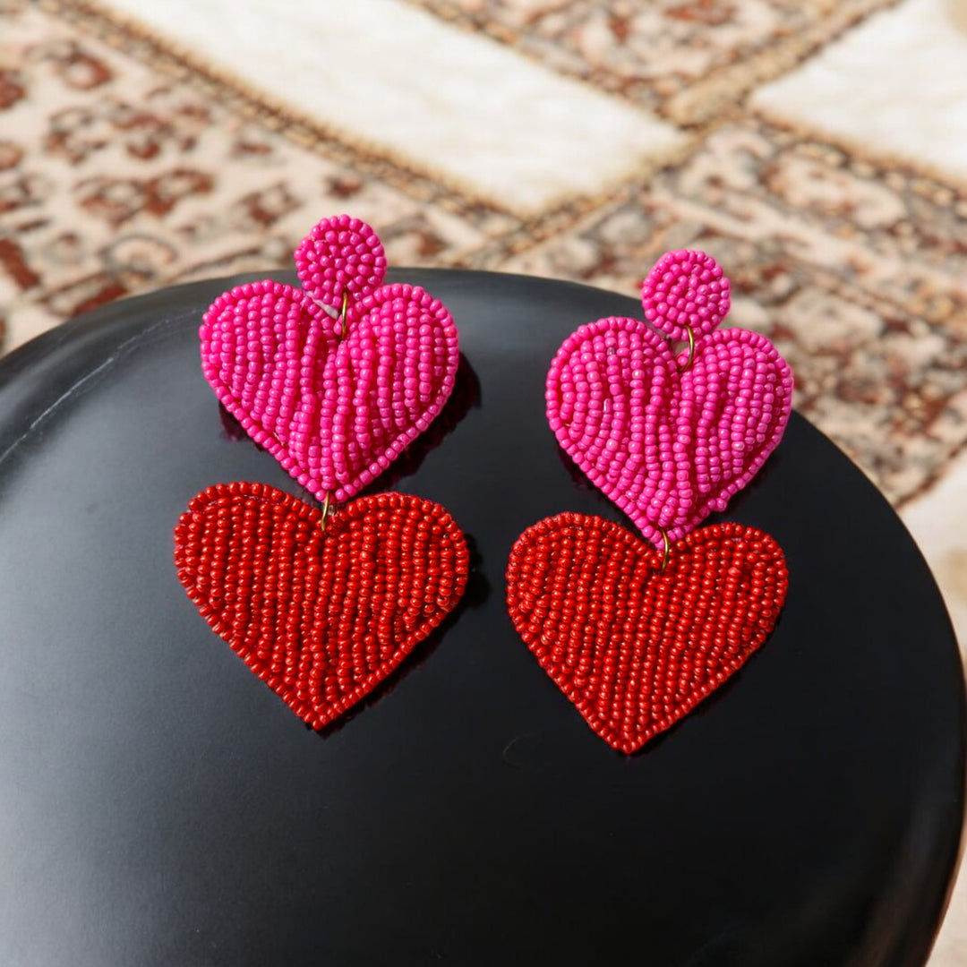Tela Naari Handcrafted Double Heart Beaded Earrings - TelaNaari