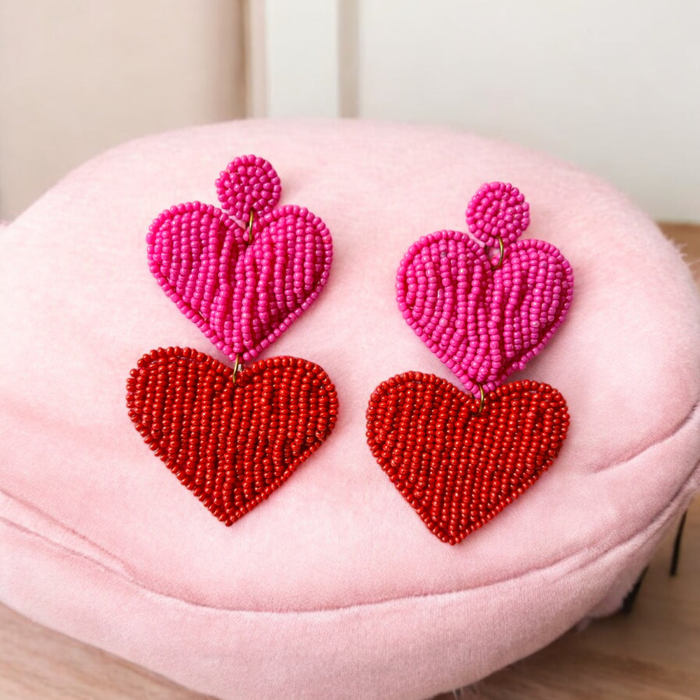 Tela Naari Handcrafted Double Heart Beaded Earrings - TelaNaari