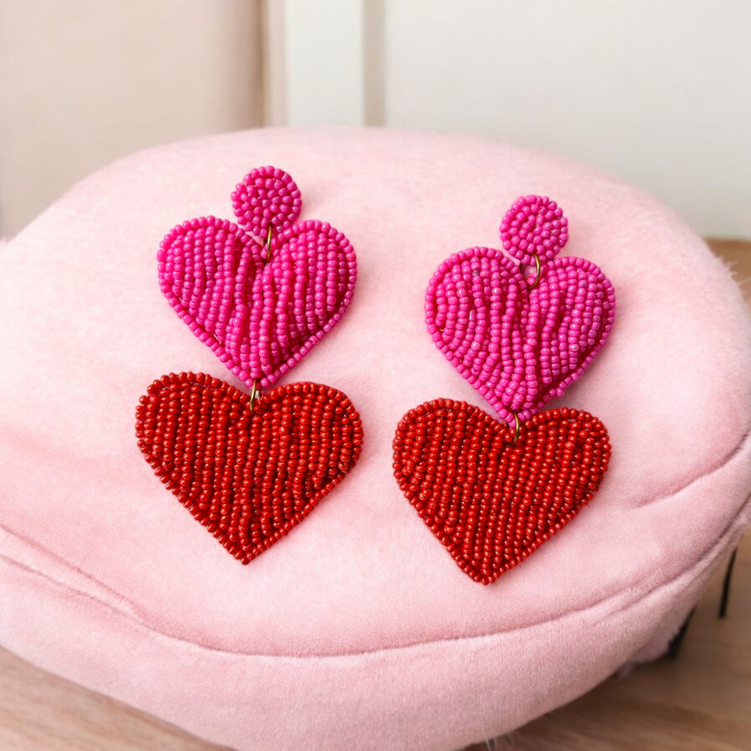 Tela Naari Handcrafted Double Heart Beaded Earrings - TelaNaari