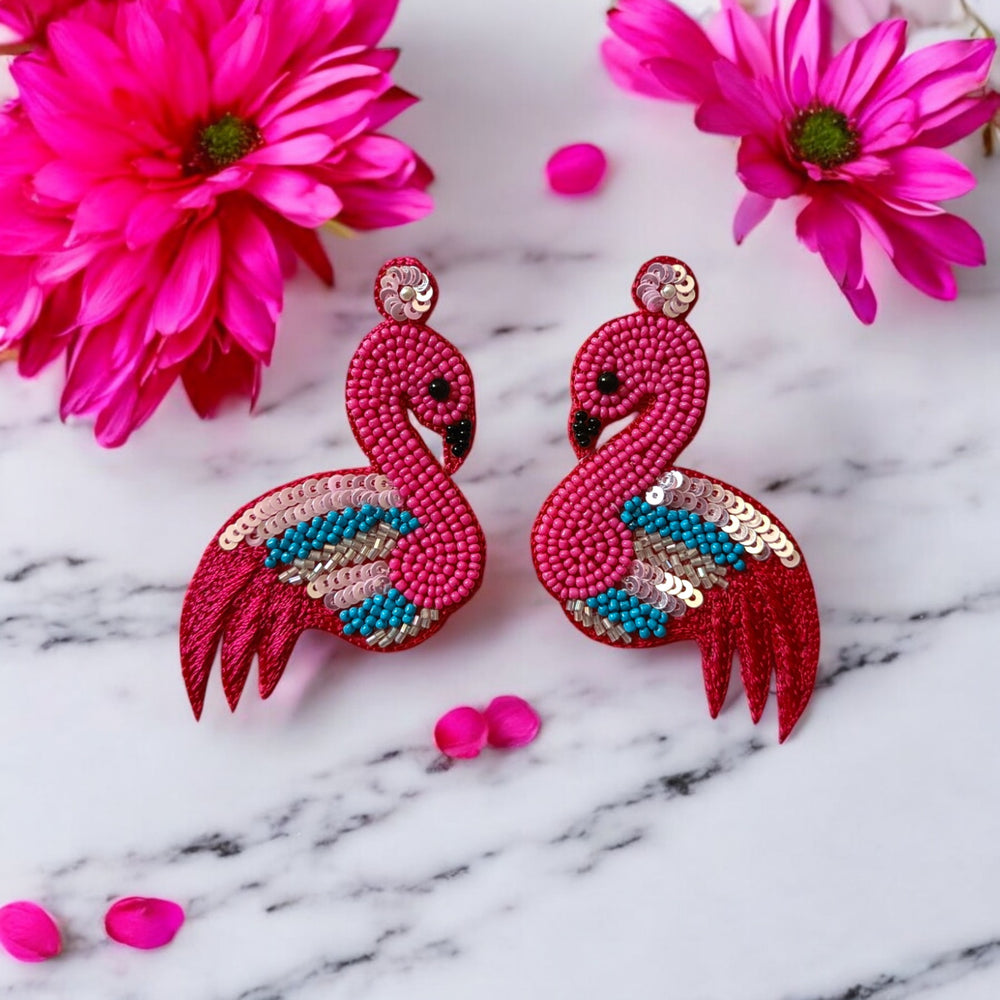 Tela Naari Handcrafted Flamingo Beaded Earrings – Pink & Sequin Statement Earrings - TelaNaari