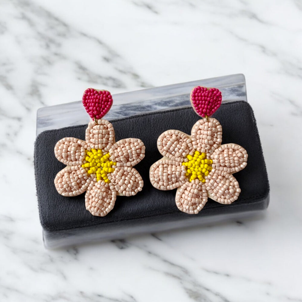 Tela Naari Handcrafted Pink & Beige Floral Beaded Earrings - TelaNaari