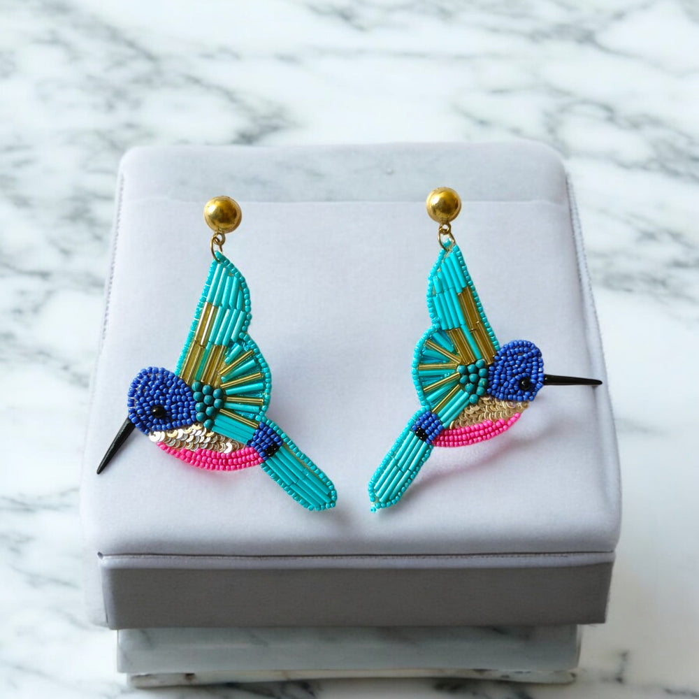 Tela Naari Hummingbird Beaded Earrings – Handcrafted Boho Statement Jewellery - TelaNaari