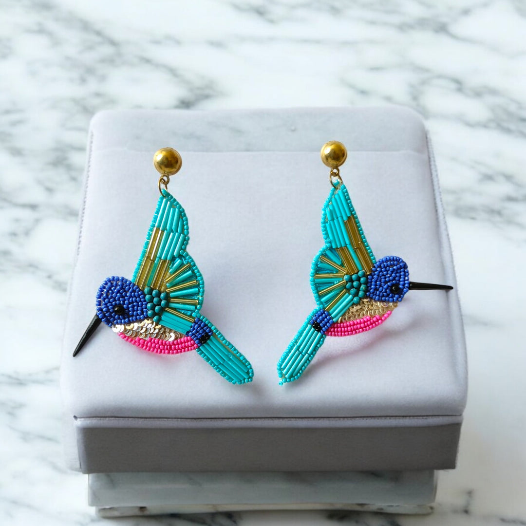 Tela Naari Hummingbird Beaded Earrings – Handcrafted Boho Statement Jewellery - TelaNaari